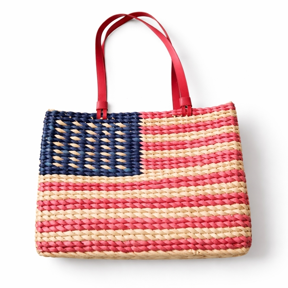 American Flag Straw Tote Bag Woven Patriotic Red White Blue Summer Beach Market - Picture 3 of 9
